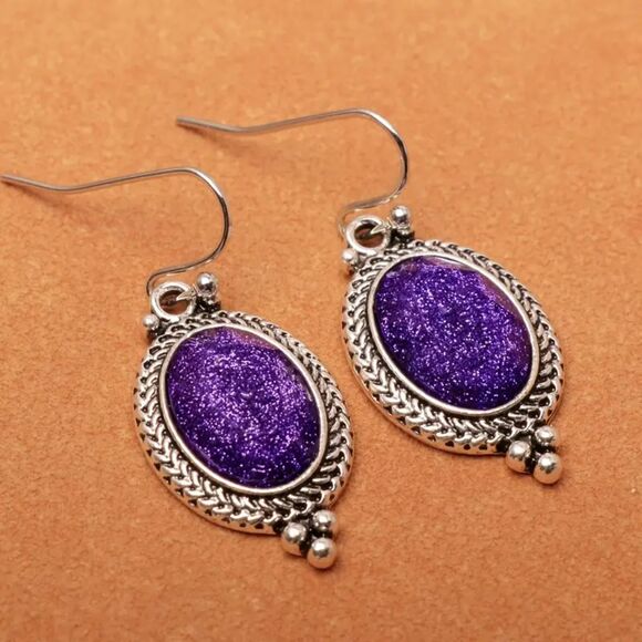 Silver Vintage Style Purple Oval Drop Earrings Dangle Pendant Fshion Jwlry Retro - Picture 5 of 6